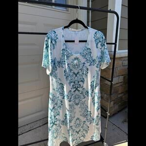 White & Blue Floral Patterned Short Sleeve Dress Size L